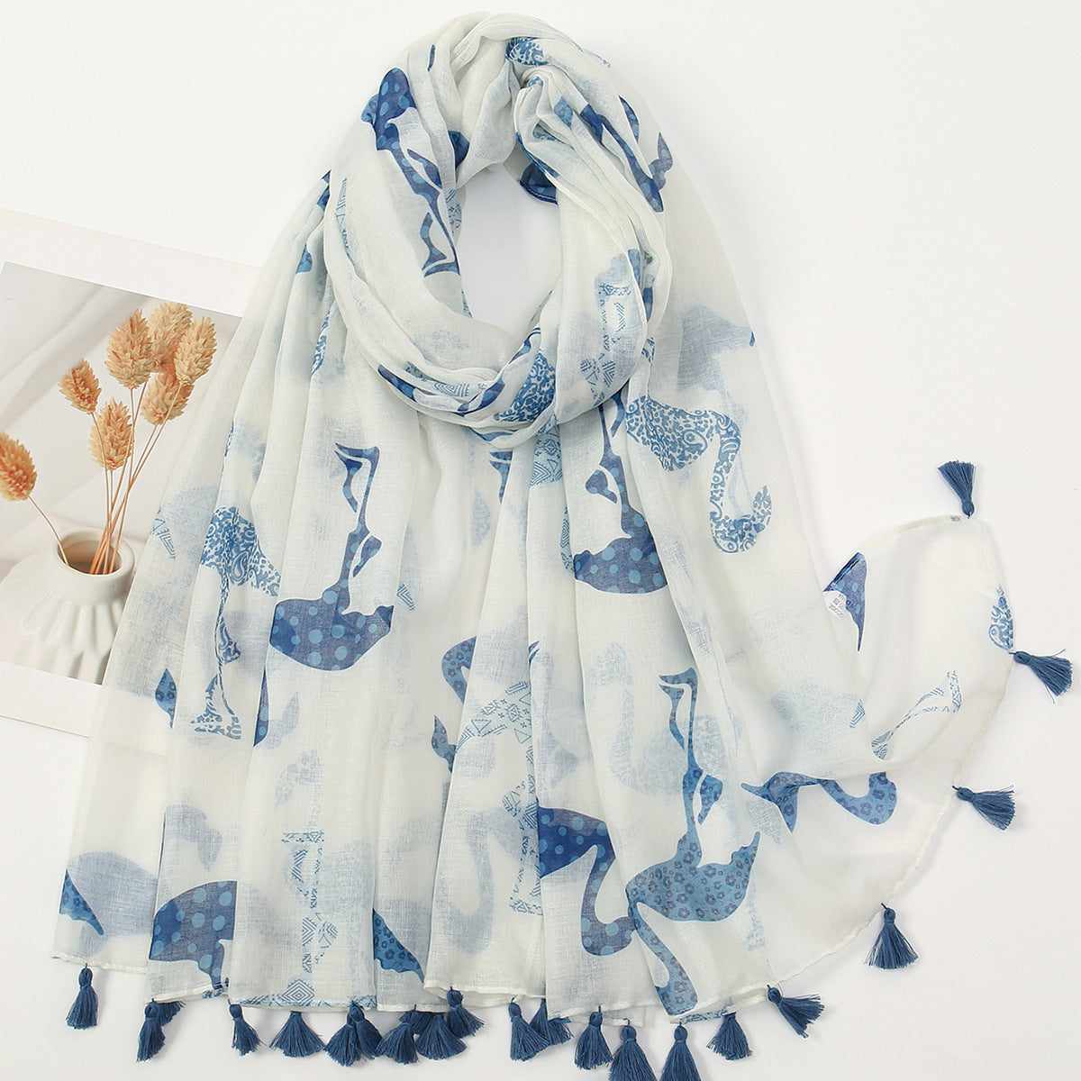 Elegant Blue White Flamingo Love Bird Printed Summer Friendly Long Hijab / Orna