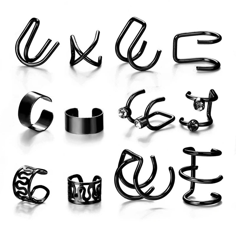 Elegant Black Color No Piercing 12 PC Earrings Set