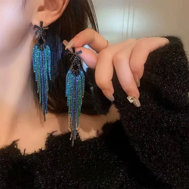 Elegant & Shiny Blue Tassel Earrings