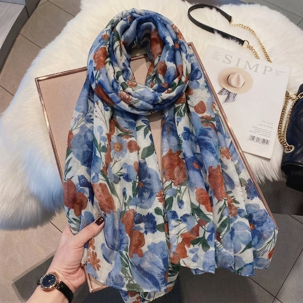 Stylish Blue Color Floral Patterned Soft Lightweight Long Hijab / Orna