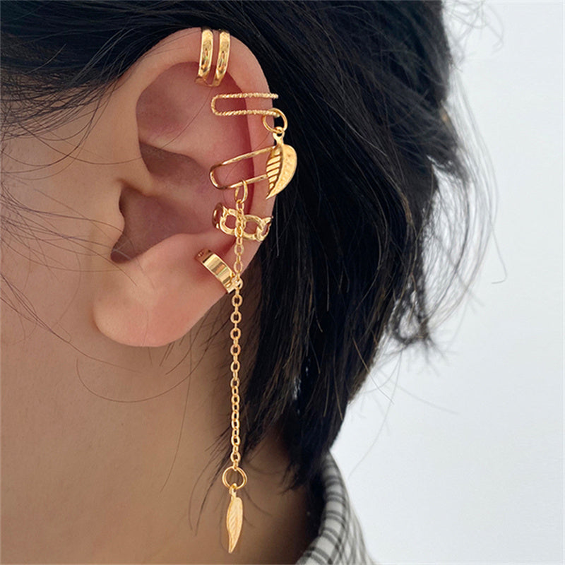 Fashionable Crystal Golden Color Leaf Ear Clip Set For Women