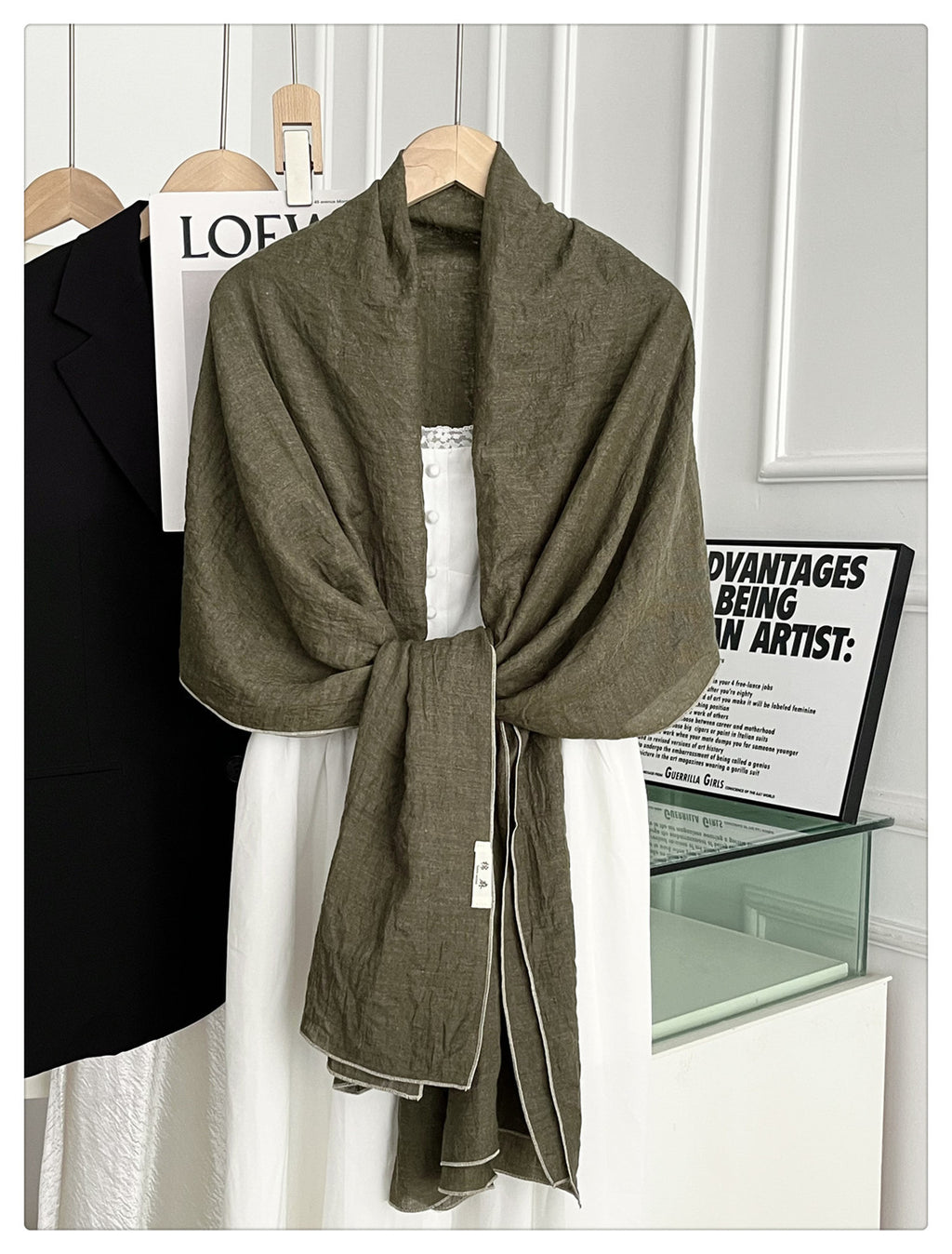 Classy Military Green Japanese-Style Imported Summer Friendly Long Wrinkled Cotton Hijab / Orna