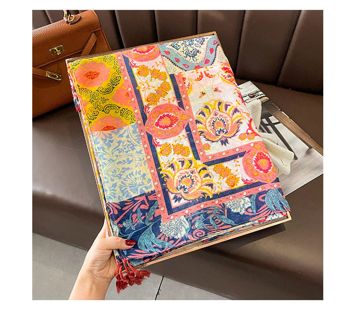 Colorful floral printed long tassel soft hijab/orna