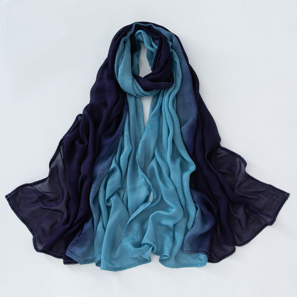 Elegant Teal Blue Color Literary Retro Gradient Rayon Cotton Imported Hijab / Orna