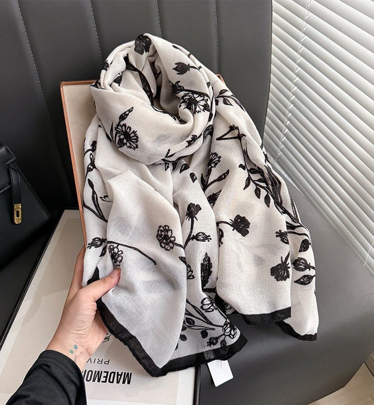 Beautiful Black & White Color Imported Summer Friendly Floral Printed Long Hijab / Orna