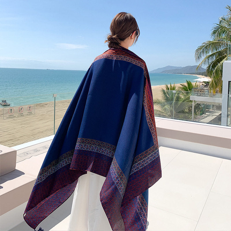 Stunning Navy Blue Ethnic Style Printed Soft Long Summer Friendly Tassel Hijab / Orna