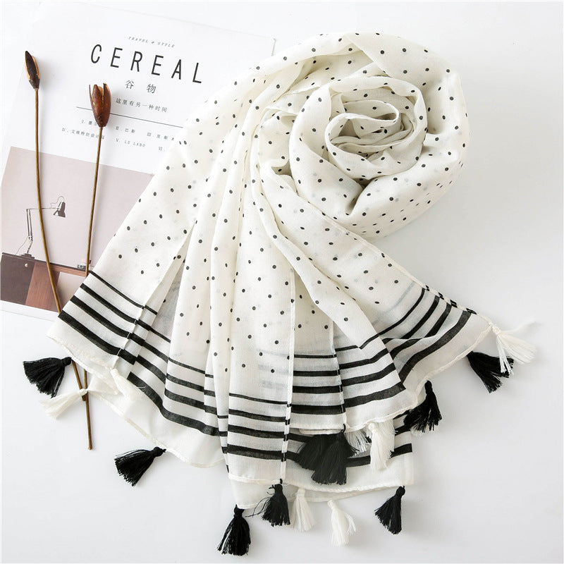Sophisticated Off White Black Geometric Printed Long Soft Imported Summer Friendly Tassel Hijab / Orna