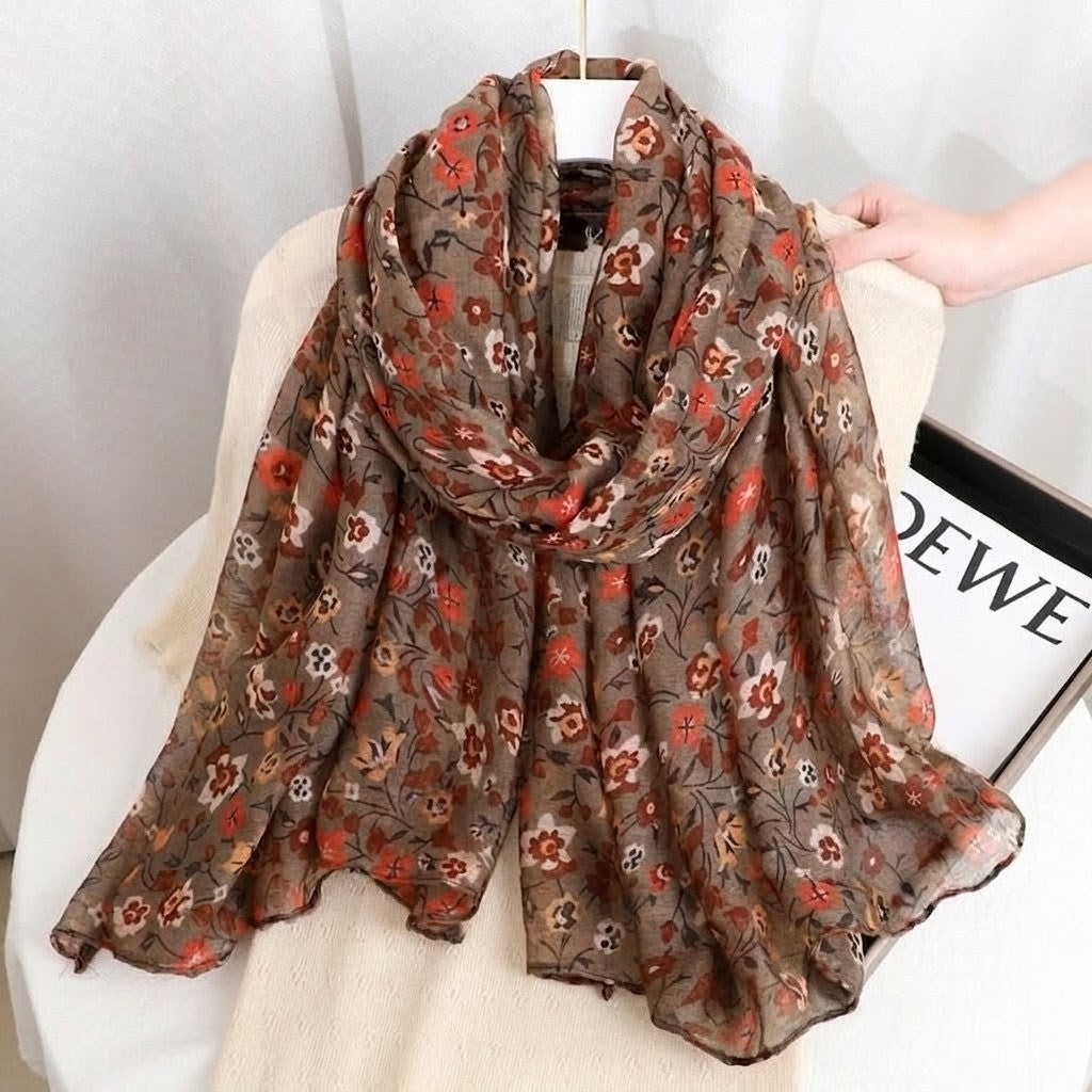 Stylish Khaki Color Floral Patterned Soft Lightweight Long Hijab / Orna