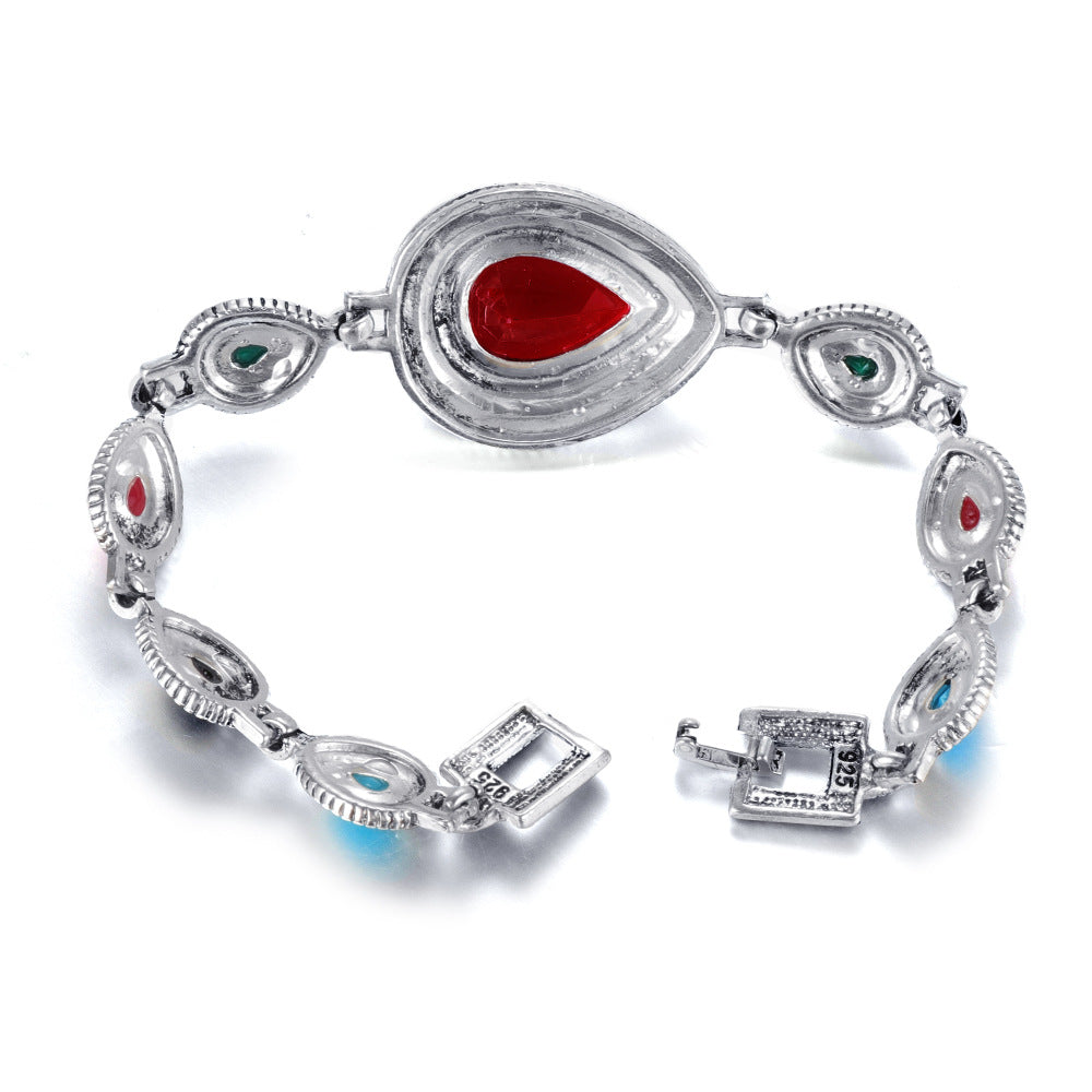 Vintage Fashion Water Drops Red Big Gemstone Diamond Noble Ladies Imported Silver Bracelet Colorful Resin Stone Elegant Temperament