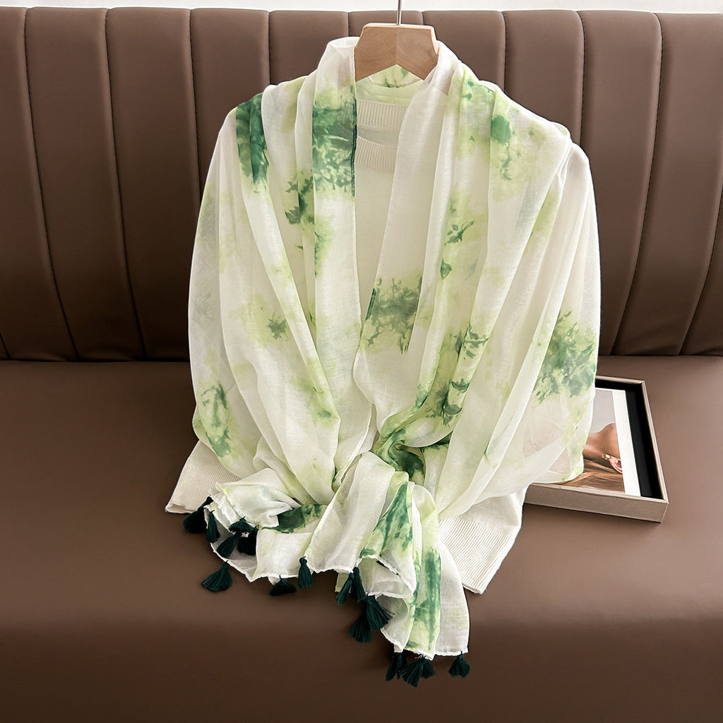 Classy Sage Green & White Ink Printed Long Soft Imported Summer Friendly Tassel Hijab / Orna