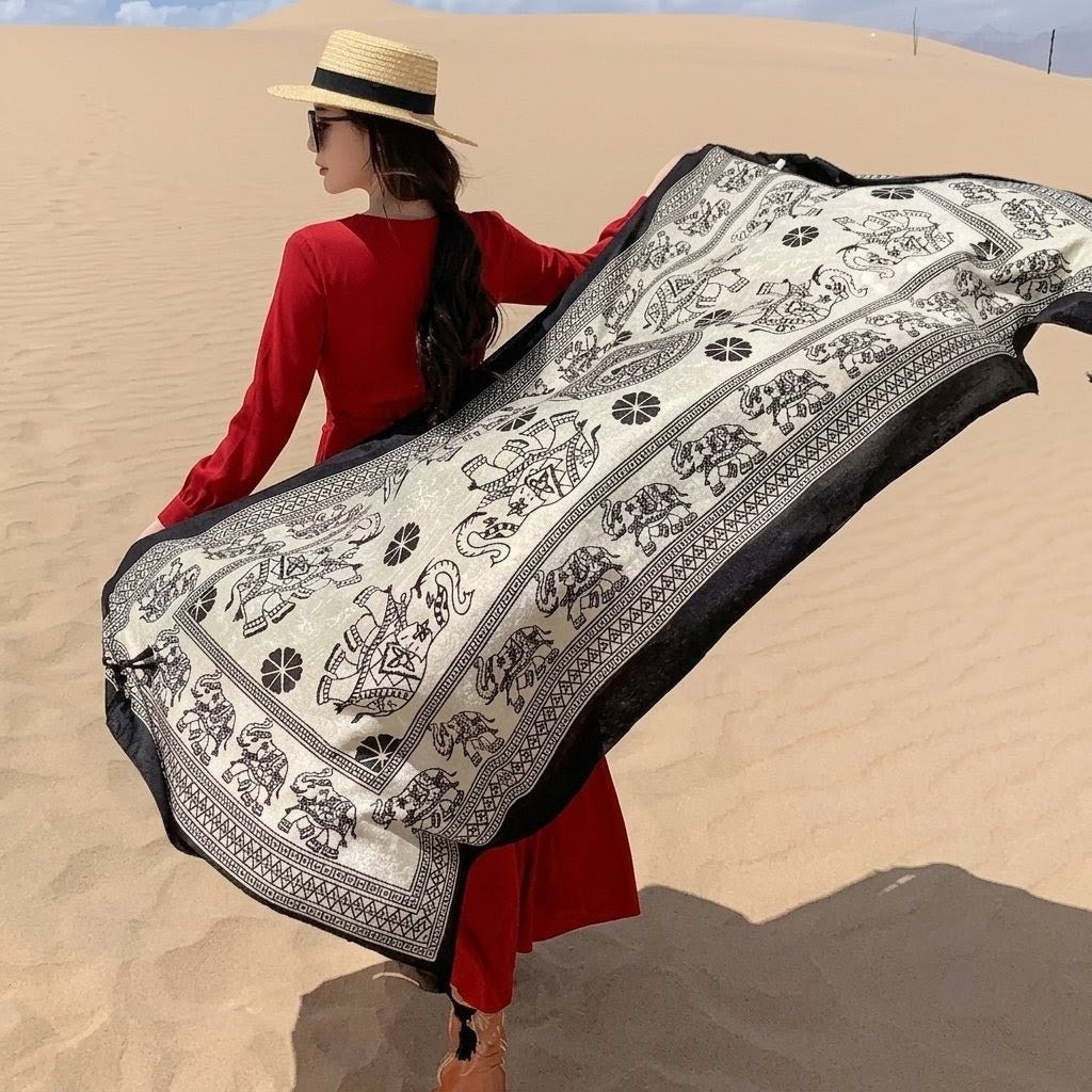 Stylish Black & Beige Ethnic Style Printed Summer Friendly Long Tassel Hijab / Orna