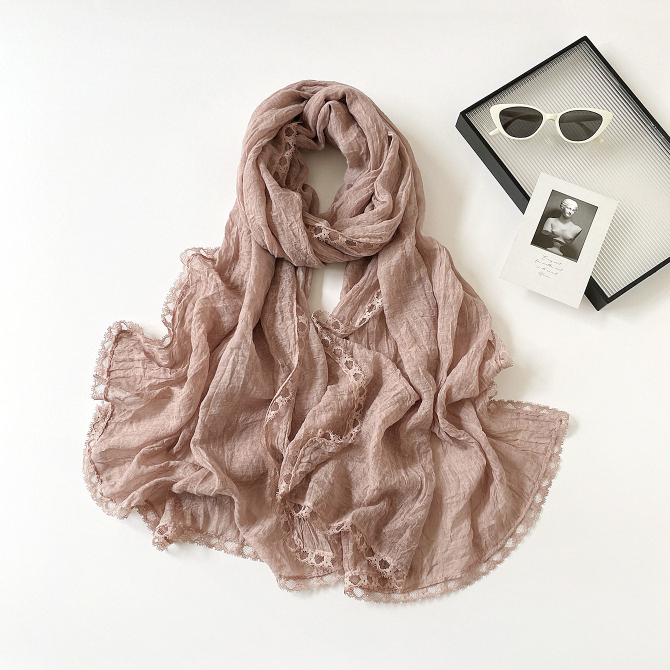 Pretty Pink Color Versatile Artistic Lace Edged Imported Premium Summer Friendly Cotton Hijab / Orna