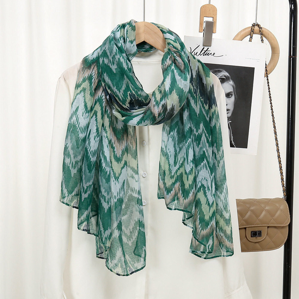 Beautiful Green Ethnic Wave Striped Imported Soft Summer Friendly Long Hijab / Orna