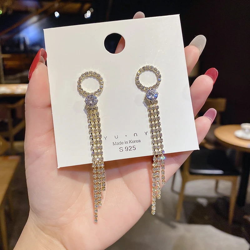 Shiny Silver Needle Exaggerated Diamond-encrusted Geometric Tassel Earrings