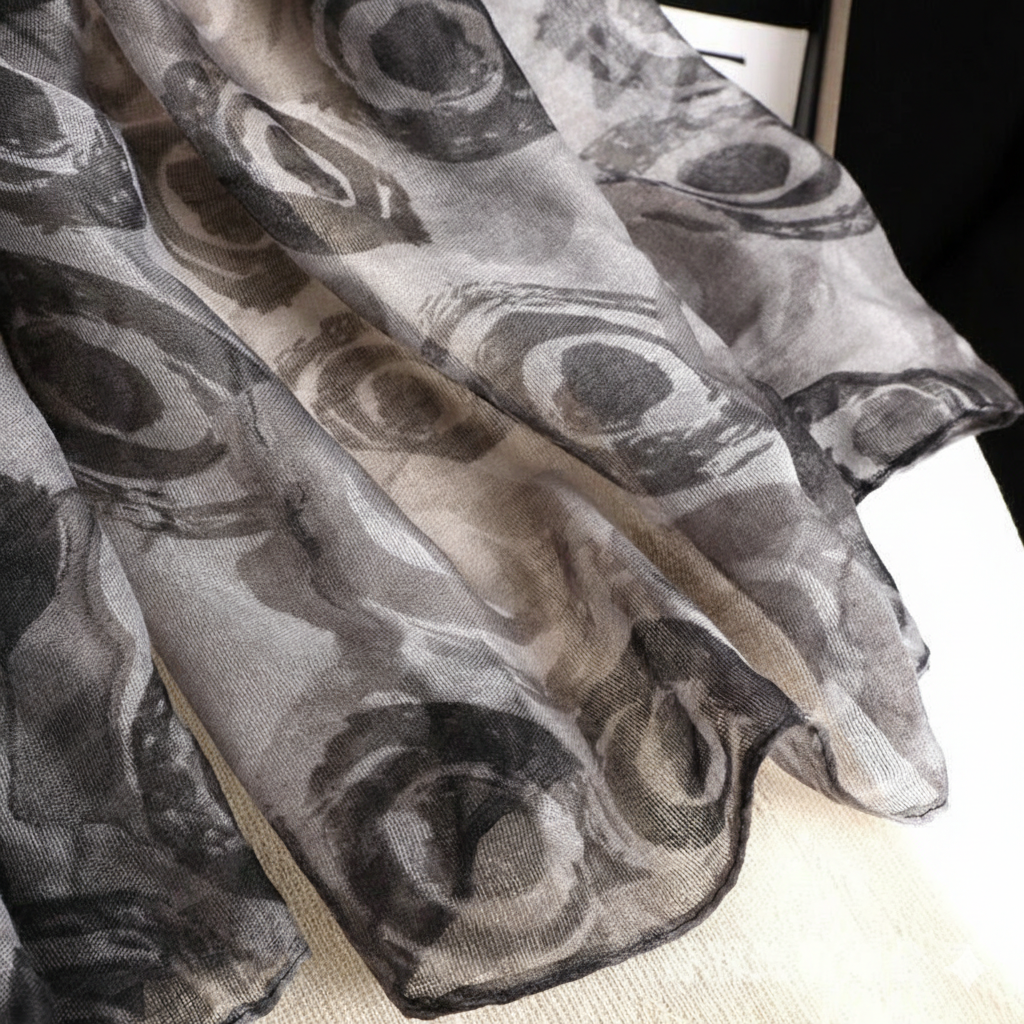 Fashionable Gray Color Imported Floral Printed Soft Long Hijab / Orna