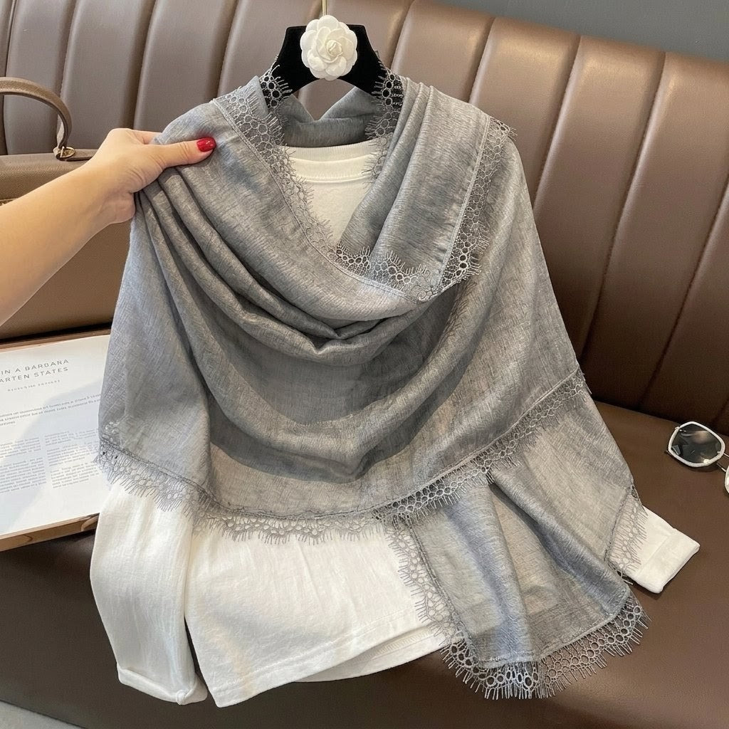 Elegant Grey New Japanese Travel Sunscreen Literary Retro Women's Summer Friendly All-match Solid Color Long Cotton Lace Hijab / Orna