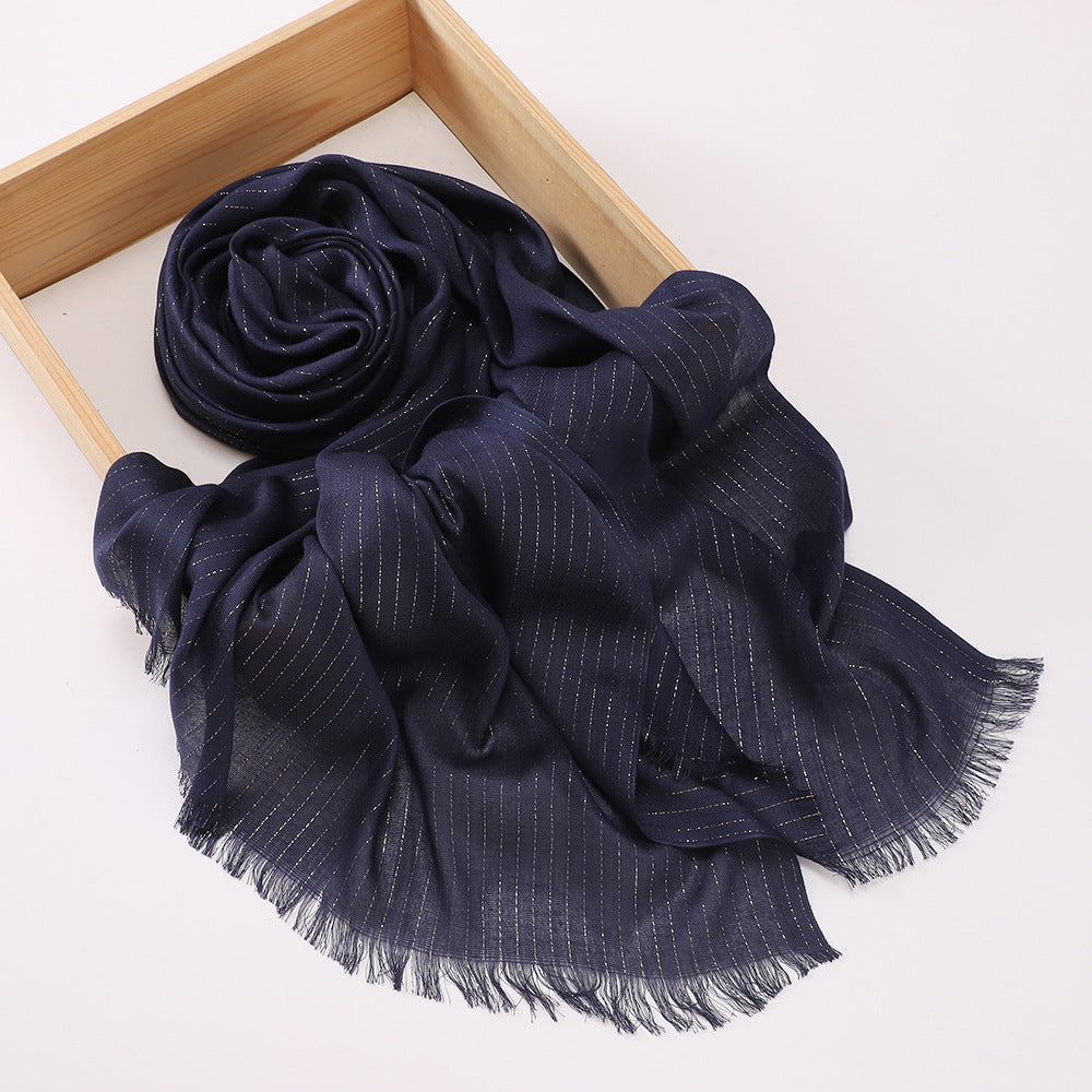 Stylish Navy Blue High Quality Rayon Golden Striped Muslim Women's Shiny Soft Breathable Imported Long Hijab / Orna