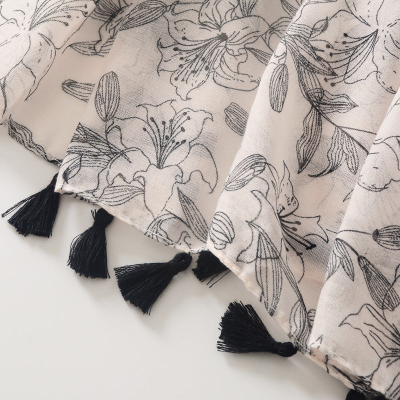 Stylish Black And White Floral Printed Imported Summer Friendly Long Tassel Hijab / Orna