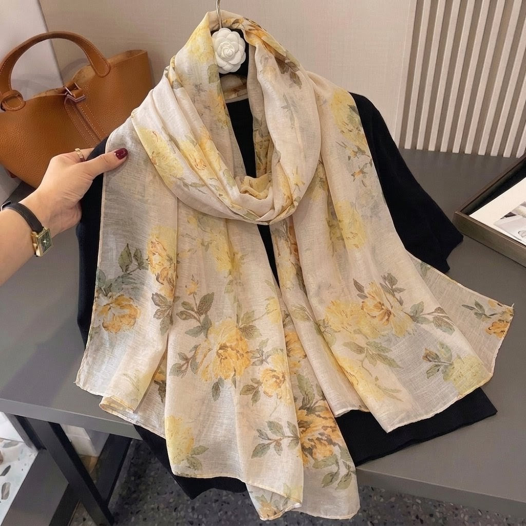Beautiful Beige Color Floral Printed Summer Friendly Long Hijab / Orna