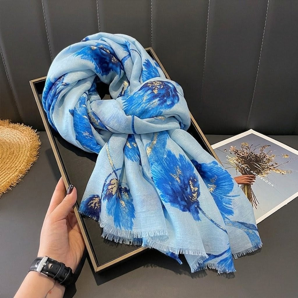 Elegant Blue Color High Quality Imported Long Soft Floral Printed Party Hijab / Orna