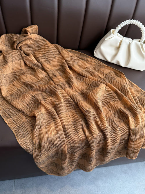 Beautiful Khaki Color Imported Double-Sided Plaid Cotton Scarf with Gold Thread Decorative Casual Versatile Striped