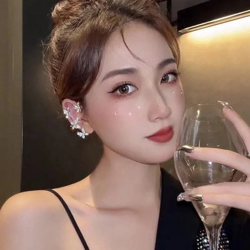 Beautiful Butterfly Crystal Flower Ear Cuff Without Piercing Clip Earrings Irregular Tassel Ear Clip ( 1 pair)