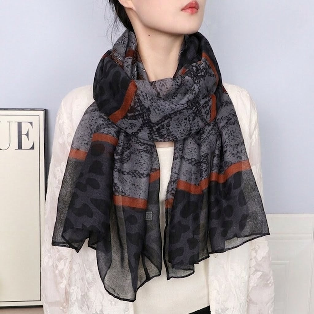 Classy Grey Black Floral Printed Soft Lightweight Long Hijab / Orna