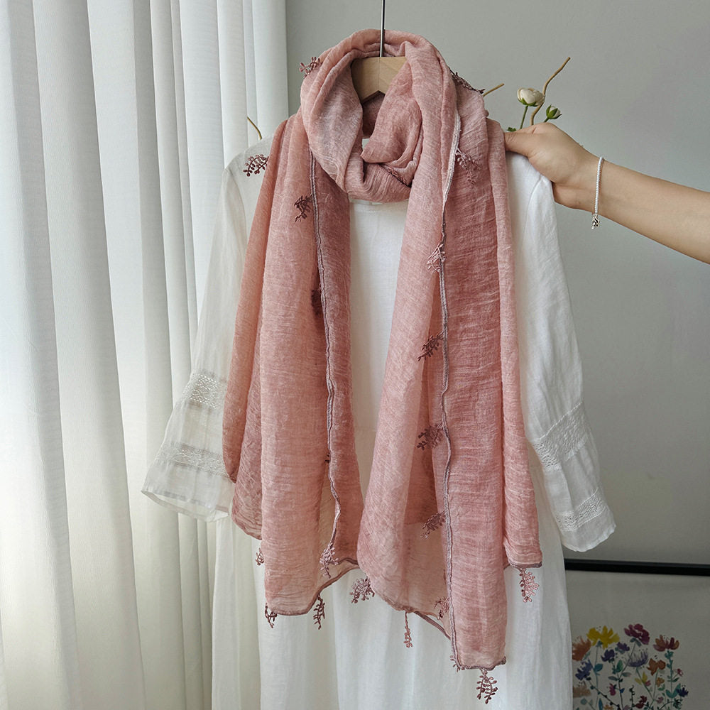 Lovely Pink Summer-Friendly Long Cotton Imported Hijab Finished With Hanging Leaves Tassel Fringes Along The Borders