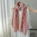 Lovely Pink Summer-Friendly Long Cotton Imported Hijab Finished With Hanging Leaves Tassel Fringes Along The Borders