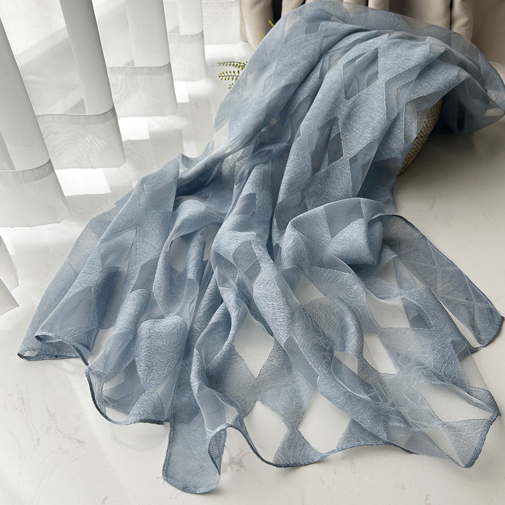 Beautiful sky blue geometric patterned long organza silk scarf