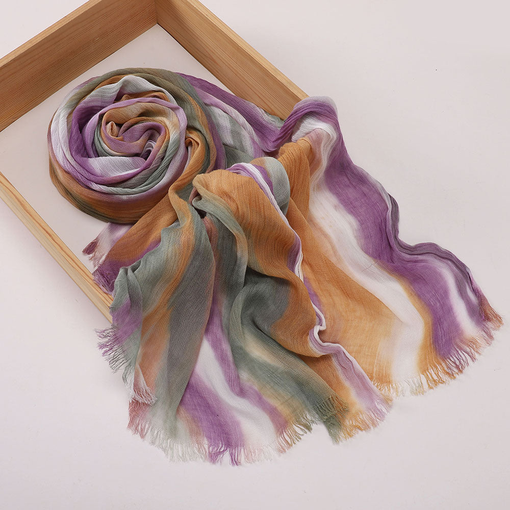 Gorgeous Purple High Quality Tudung Rayon Cotton Scarf Women Girl Ombre Striped Imported Long Crinkle Breathable Printed Hijab / Orna