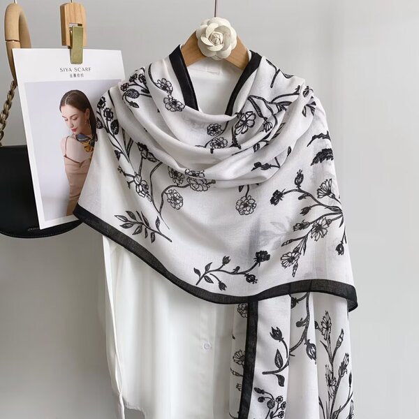 Beautiful Black & White Color Imported Summer Friendly Floral Printed Long Hijab / Orna