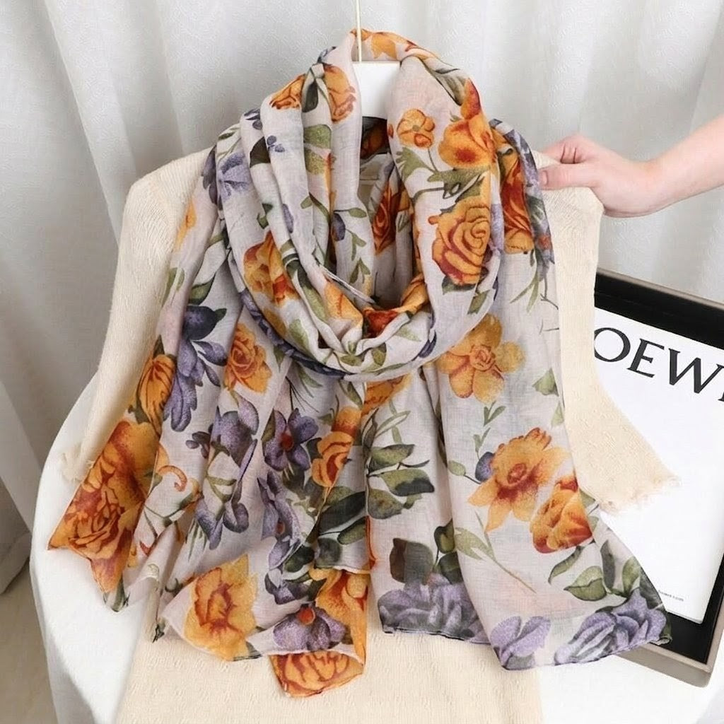Beautiful Yellow Floral Patterned Soft Lightweight Long Hijab / Orna