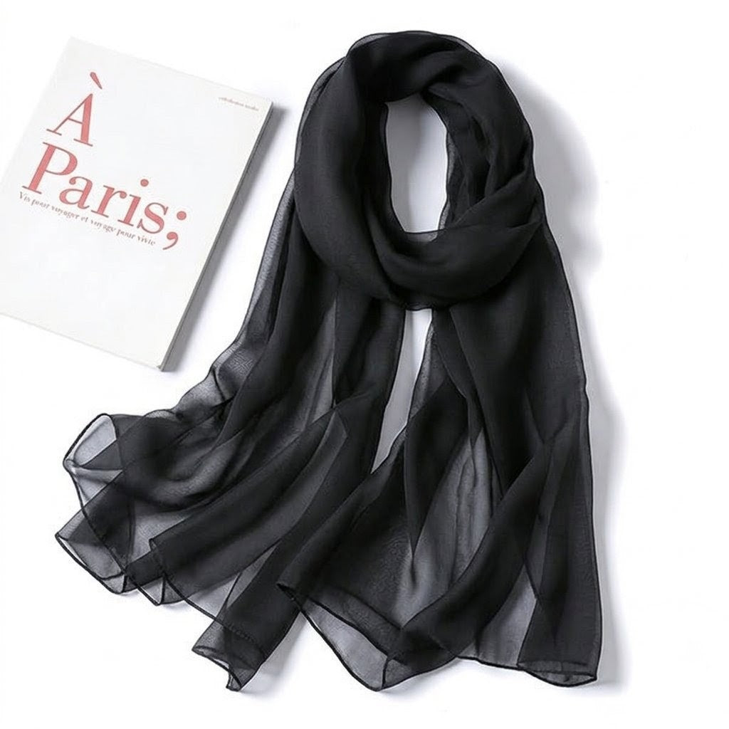 Classy Black Color Transparent Solid Color Soft Long Silk Scarf / Orna