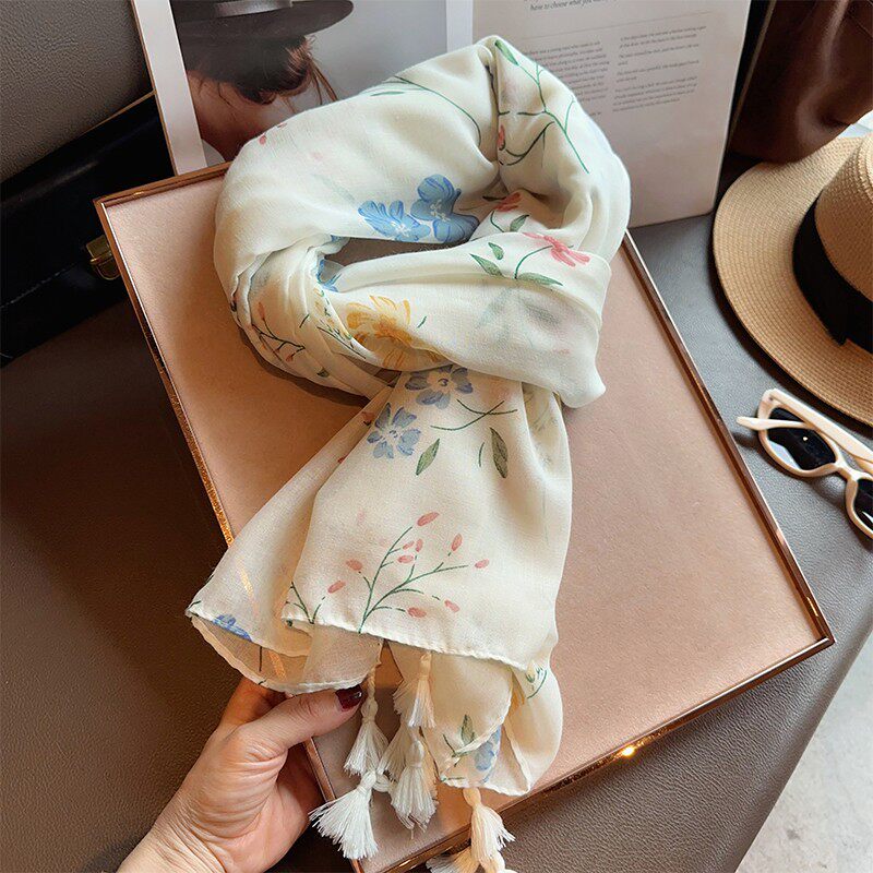 Imported Colorful Floral Printed Super Soft Long Tassel Hijab / Orna