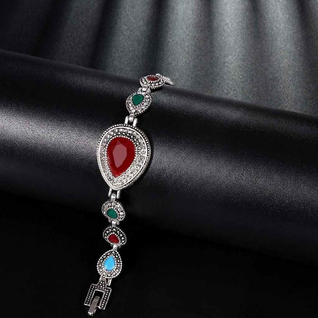 Vintage Fashion Water Drops Red Big Gemstone Diamond Noble Ladies Imported Silver Bracelet Colorful Resin Stone Elegant Temperament