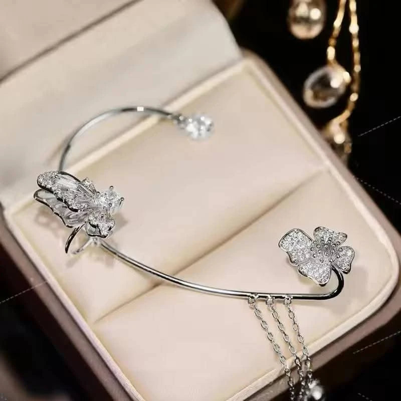Sparkling Silver Color Crystal Flower Ear Cuff Without Piercing Clip Earrings Irregular Tassel Ear Clip ( 1 pair)