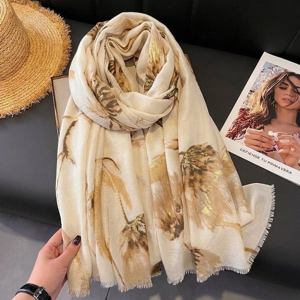 Classy Khaki Color High Quality Imported Long Soft Floral Printed Party Hijab / Orna