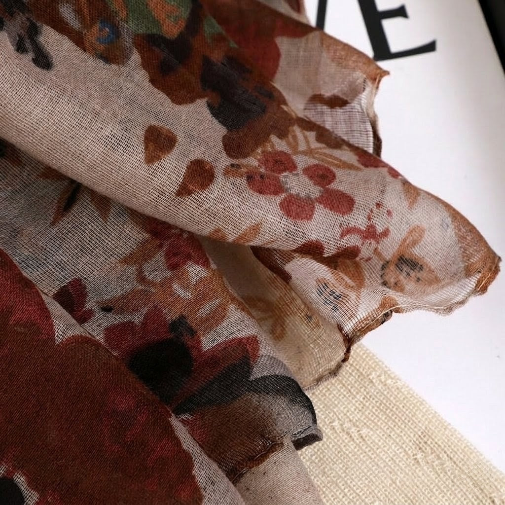 Elegant Khaki Color Floral Printed Soft Lightweight Long Hijab / Orna