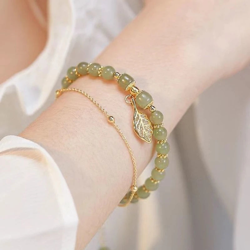 Chinese Style Green Jade Bracelet For Women Exquisite Gold Color Leaves Wrist Strap