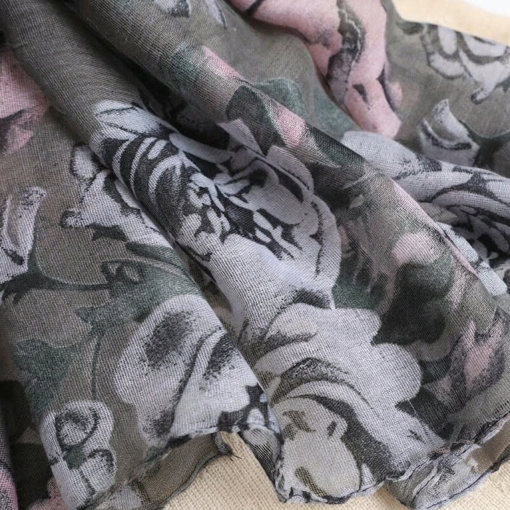 Elegant Gray Color Floral Patterned Soft Lightweight Long Hijab / Orna