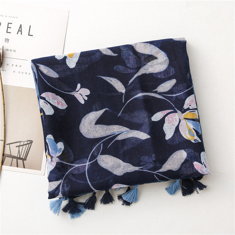 Blue black mixed floral printed tassel soft breathable long hijab / orna