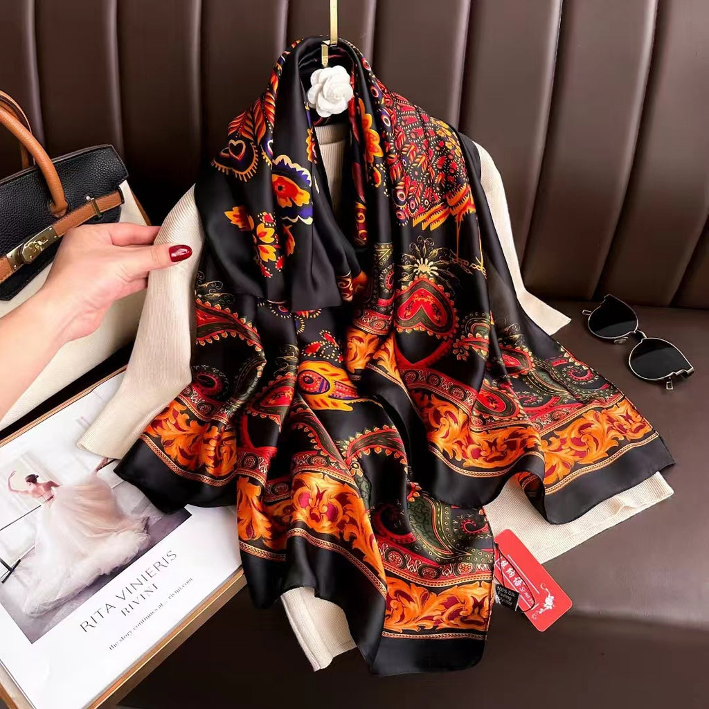 Botanical patterned black silk hijab