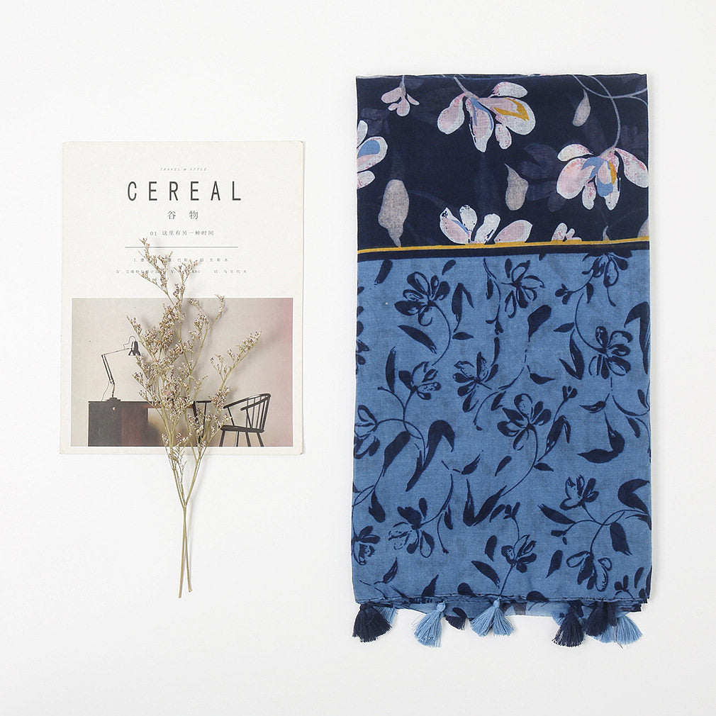 Blue black mixed floral printed tassel soft breathable long hijab / orna