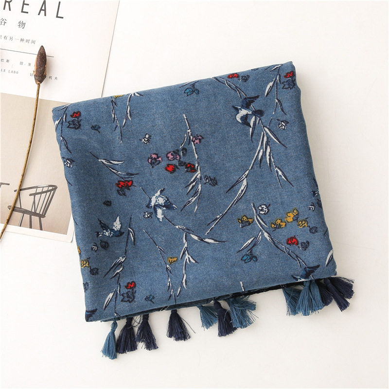 Elegant Dusty Blue Floral Printed Super Soft Long Summer Friendly Tassel Hijab / Orna