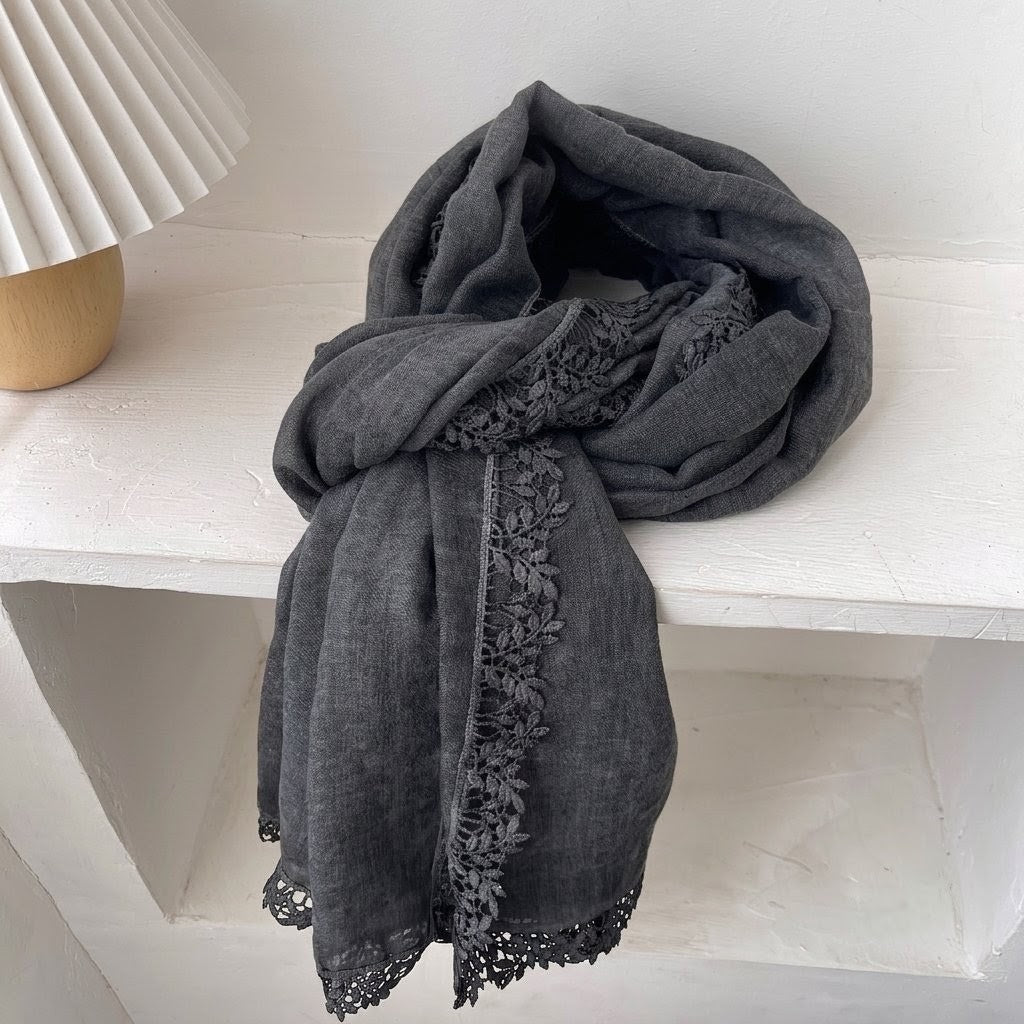 Elegant Dark Grey Artistic Lace Edged Imported Premium Summer Friendly Cotton Hijab / Orna
