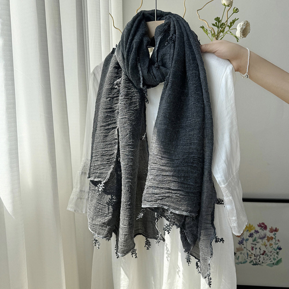 Fashionable Dark Gray Summer-Friendly Long Cotton Imported Hijab Finished With Hanging Leaves Tassel Fringes Along The Borders