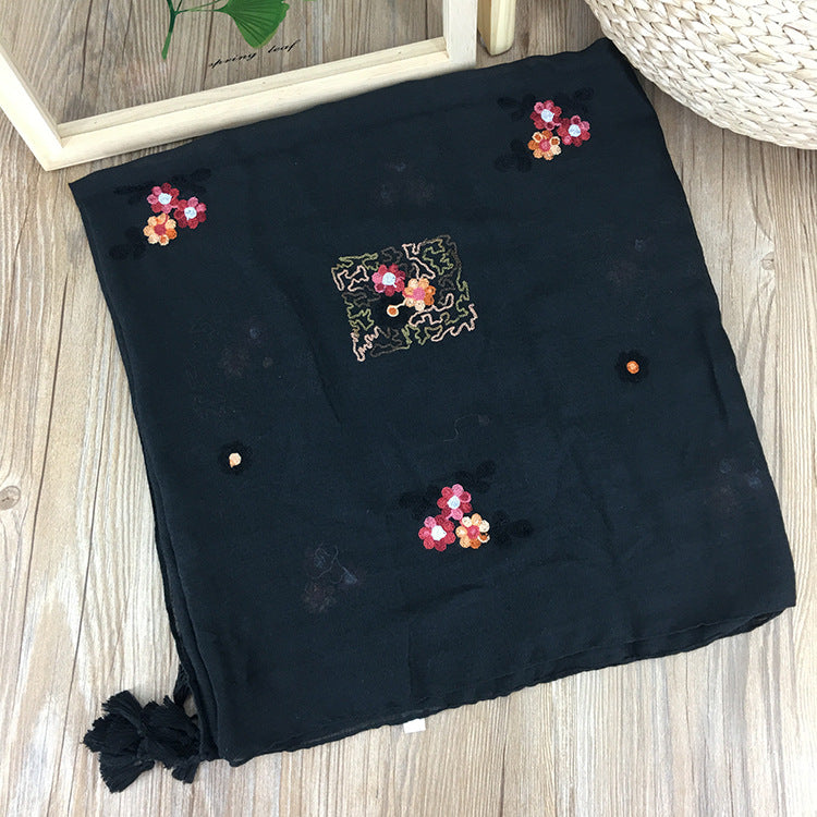 Black color embroidered cotton tassel hijab