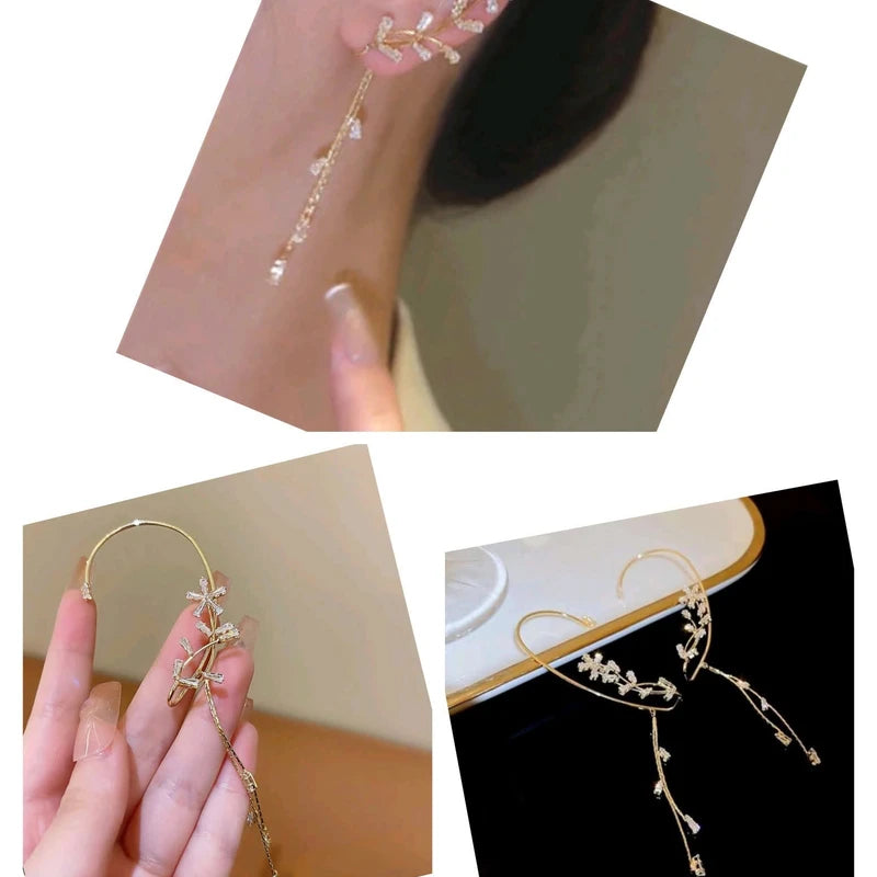 Sparkling Crystal Flower Ear Cuff Without Piercing Clip Earrings Irregular Tassel Ear Clip ( Right Single )