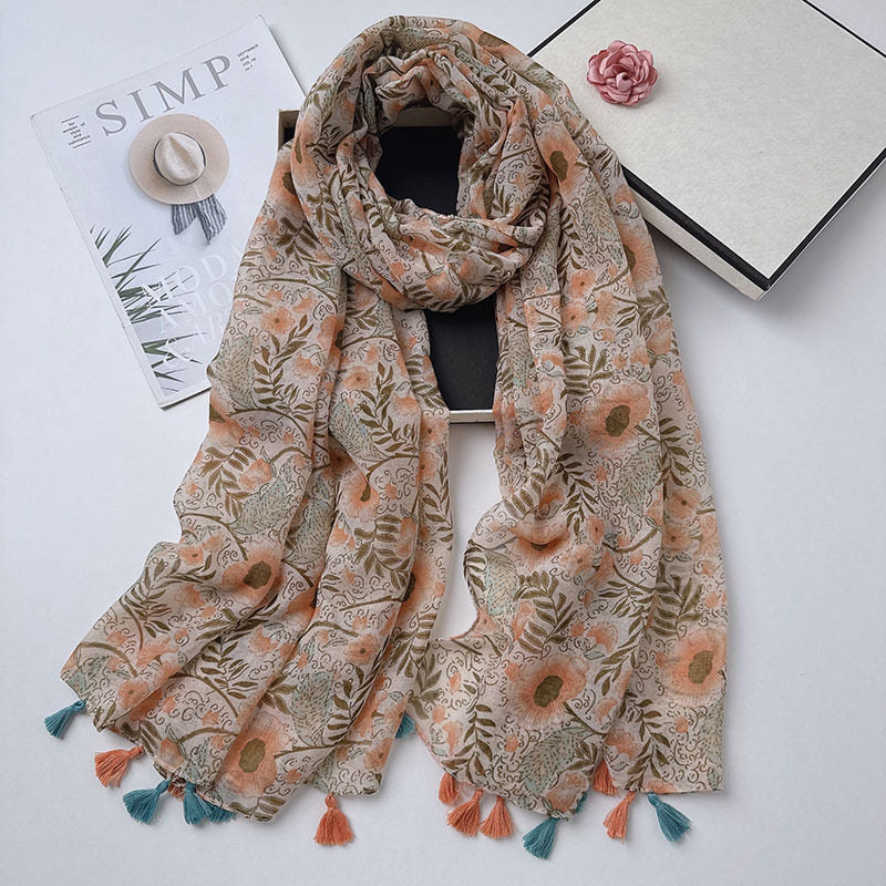 Stylish floral printed long soft tassel hijab